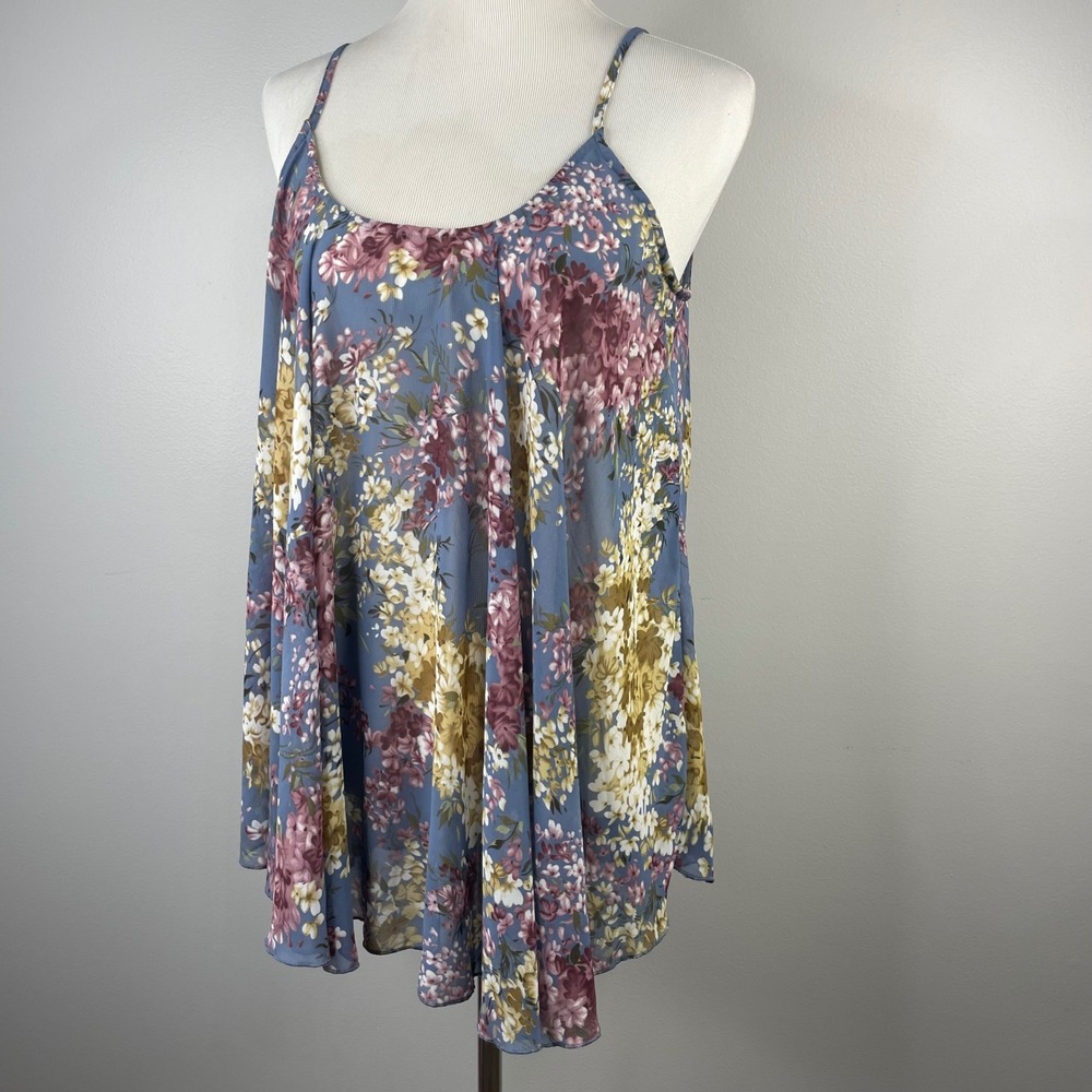 Umgee Floral Camisole Top Blue Mauve Chiffon Flowy Spaghetti Strap Large C2535